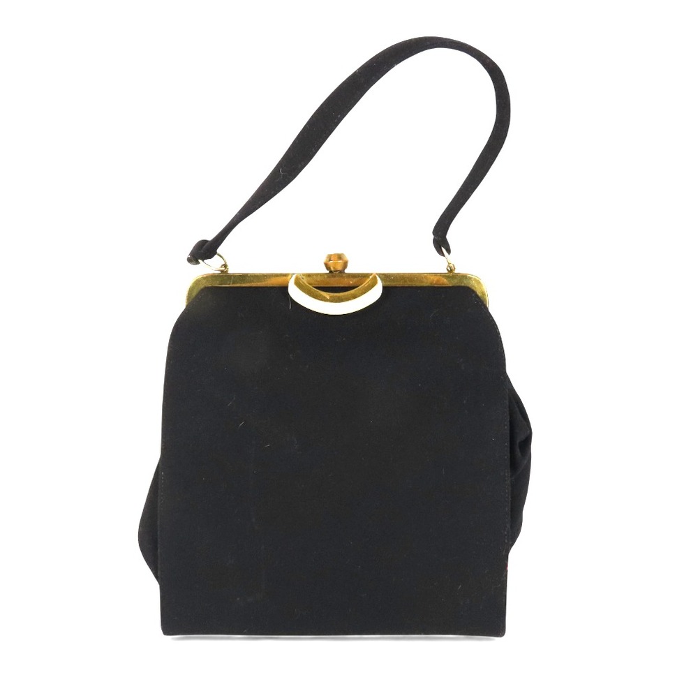 VTG Ingber Black Wool FRAME TOP PURSE BAG Pearlized Brass Lever Clasp SATCHEL